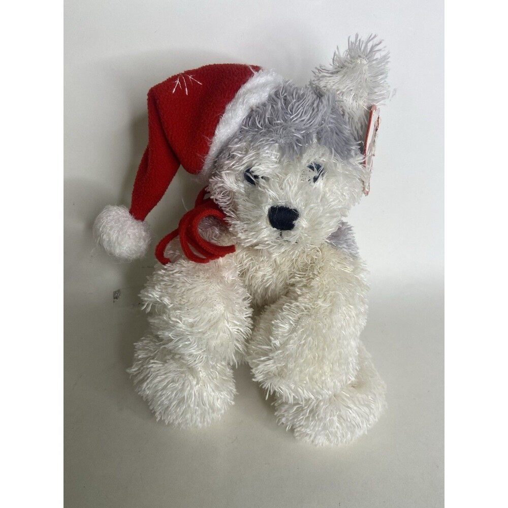 VTG Snuggie Toy Puppy Dog Christmas Hat Husky Gray White Plush Stuffed Animal